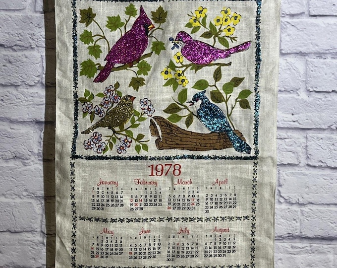 Vintage (1978) Calendar tea towel Wall hanging linen 16"x27"glittered Birds