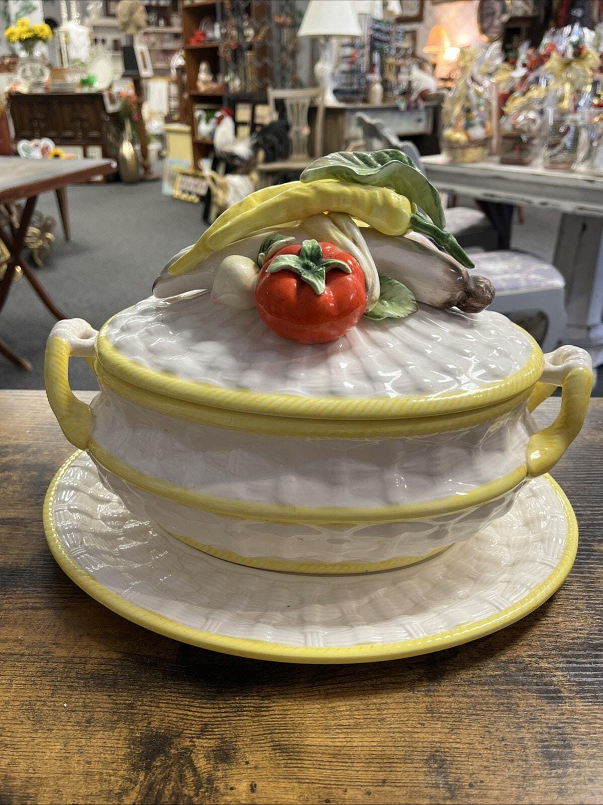Rare Vintage Majolica Soup Tureen W/ Vegetables on the Lid