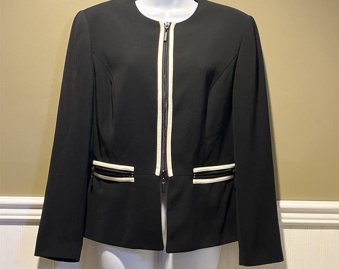 Vintage John Meyer of Norwich Black Zip Up Lined Blazer White Trim Womens 10