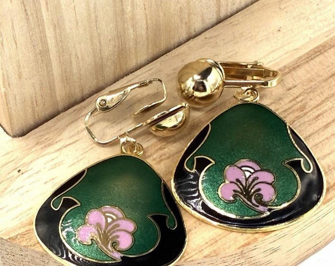 Vintage Cloisonne Enamel Dangle Clip Earrings Green Black Pink Floral Gold Tone