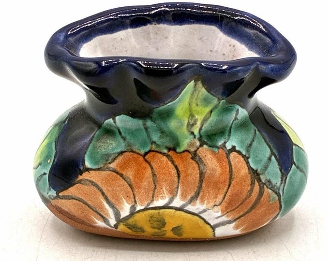 Vintage Mexican Pottery Mini Vase, Hand Painted Floral Folk Art Signed MEX