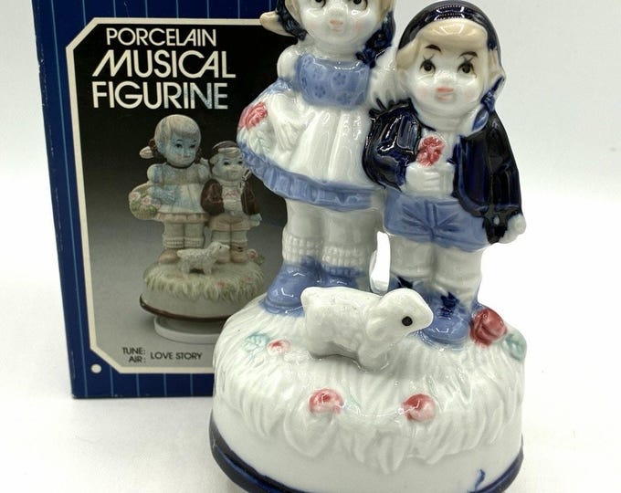 Vintage Porcelain Music Box, Boy Girl and Lamb Figurine, Plays Love Story, Boxed