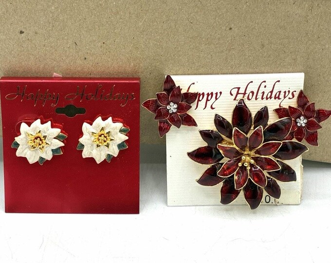 Vintage Christmas Poinsettia Jewelry Lot Earrings Brooch Red White Holiday NOS