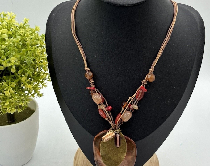 Avon Necklace Earrings Set 2008 Brown Red Acrylic Statement Pendant Jewelry