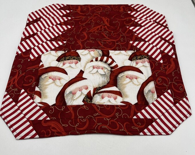 Vintage Handmade Christmas Santa Candy Cane Cloth Placemats Set of 3 17x12