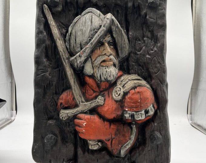 Vintage MCM 3D Chalkware Medieval Wanderer Knight Wall Plaque Hand Painted Relief