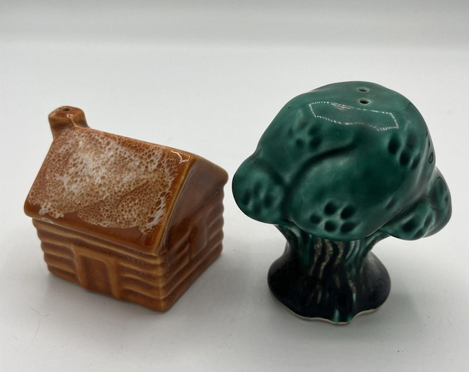 Vintage Ceramic Log Cabin and Tree Salt and Pepper Shakers Set Super Fun