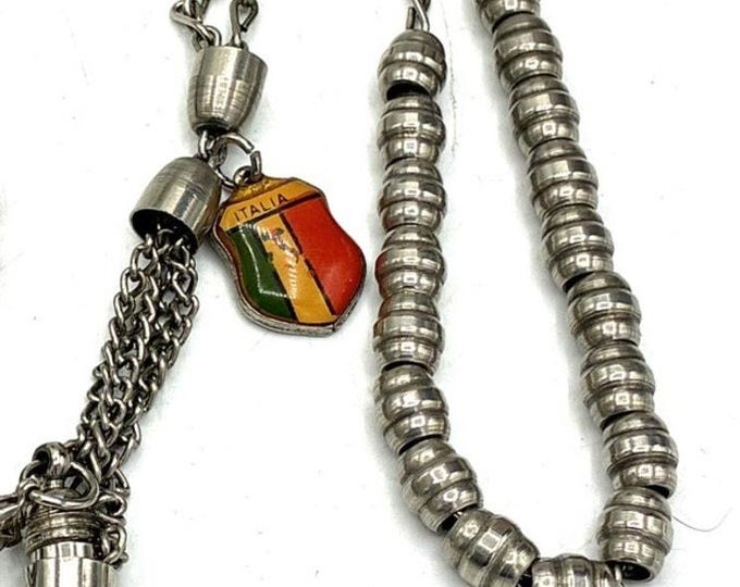 Vintage Italia Souvenir Watch Fob Chain Enamel Shield Charm Silver Tone Beads