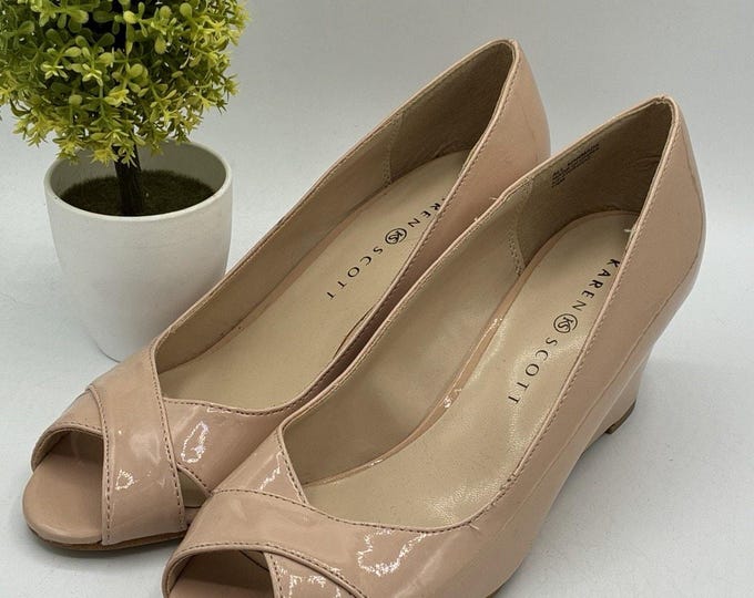 Karen Scott Friscco Nude Patent Peep Toe Wedge Heels Rose Gold Accent 7.5