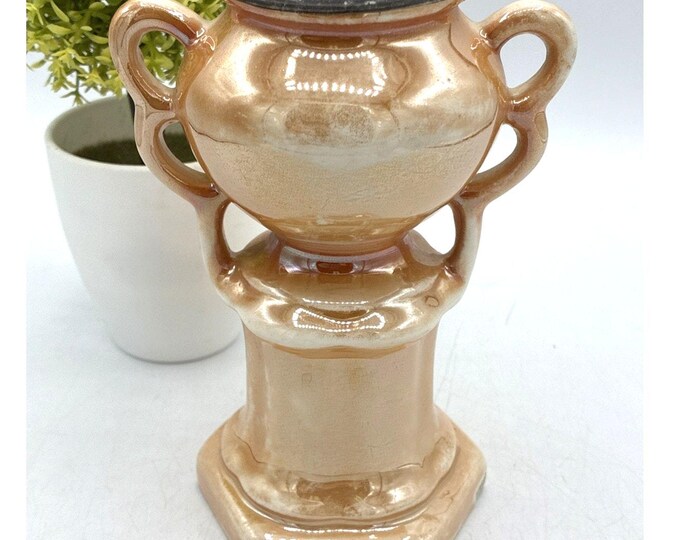 Czechoslovakia Lusterware Trophy Urn Vase Peach Copper Iridescent Twin Handle 5”
