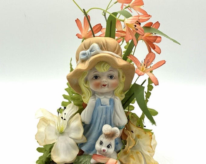 Vintage Handmade Ceramic Girl Bunny Floral Arrangement Folk Art Decor