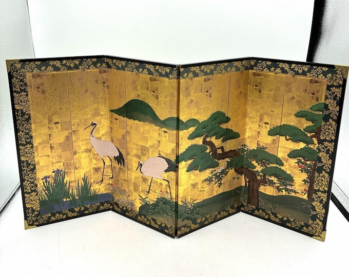 Vintage Japanese Byobu Folding Screen Cranes Pine Gold 18” Miniature Tabletop