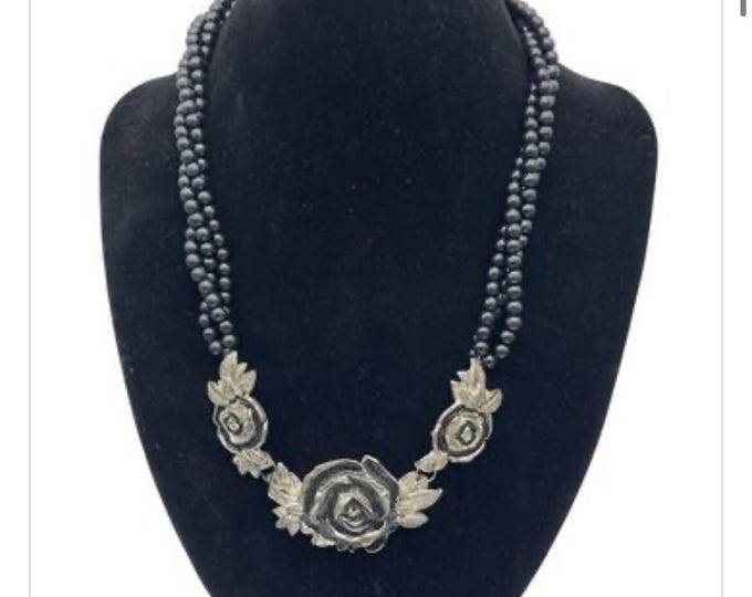 Vintage Black Beaded Multi Strand Necklace Silver Tone Rose Flower Pendant