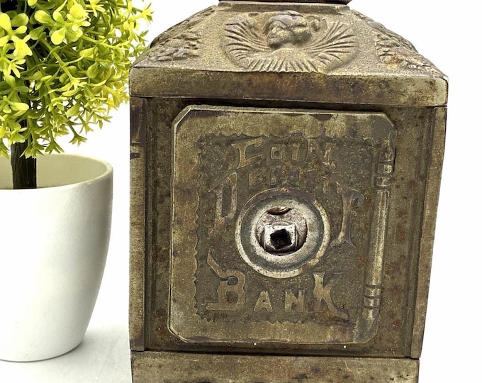 Antique Cast Iron Safe Coin Bank Door Opens Embossed Late 1800s 4.5x5"