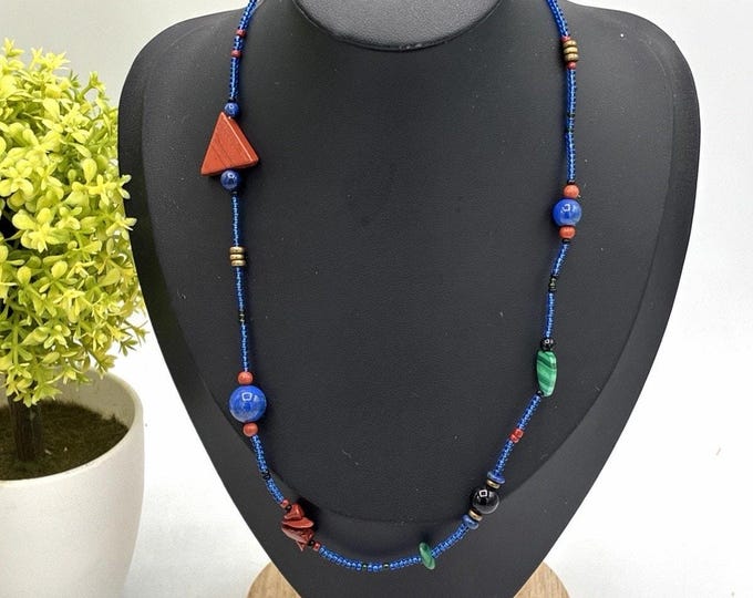 Vintage Handmade Asymmetric Necklace Malachite Lapis Red Jasper Hematite 18in
