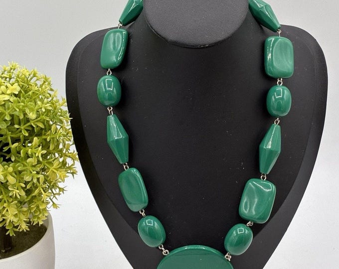 Green Chunky Statement Necklace Oversized Geometric Beads Round Pendant