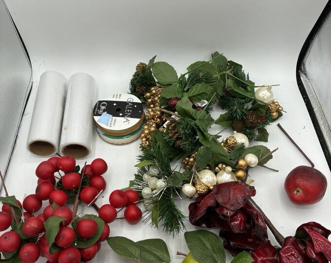 Christmas Floral Craft Supply Lot Berries Roses Ribbon Greenery Wreath DIY