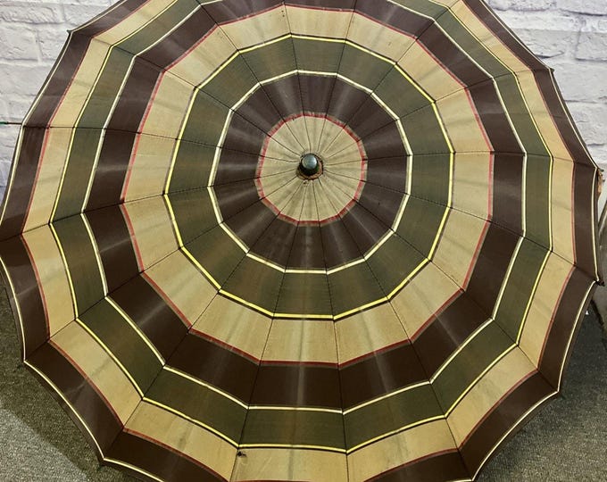 Vintage 1970 Brown Green Beige Striped Umbrella Unisex Retro Wood Plastic Handle
