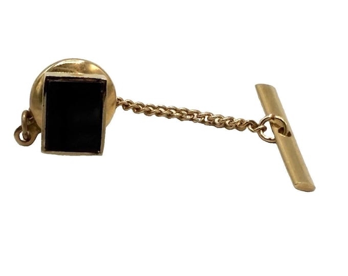 Vintage Black Onyx Tie Tack Gold Tone Rectangle Bar Chain Back MCM