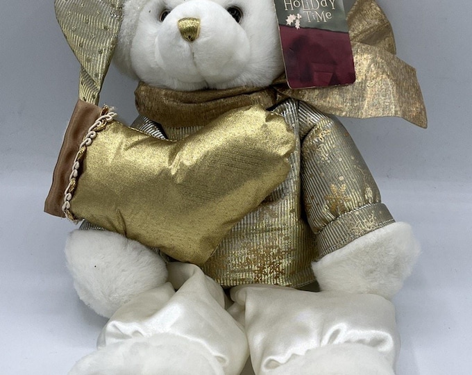 Vintage Dan Dee White Christmas Teddy Bear Gold Holiday Outfit Stocking Decor