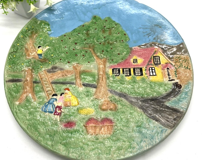 Vintage Chalkware 3D Wall Art Plate – Country Apple‑Picking Scene – Hand‑Painted 16”
