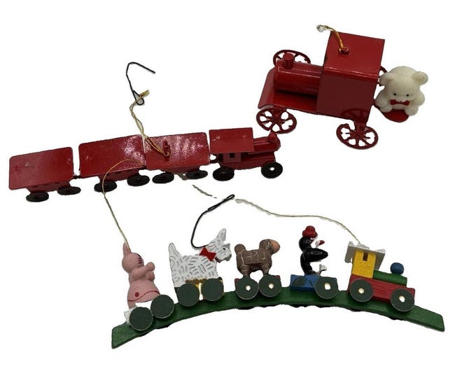 Vintage Christmas Train Ornament Lot 3pc Red Metal Wooden Animal Passengers