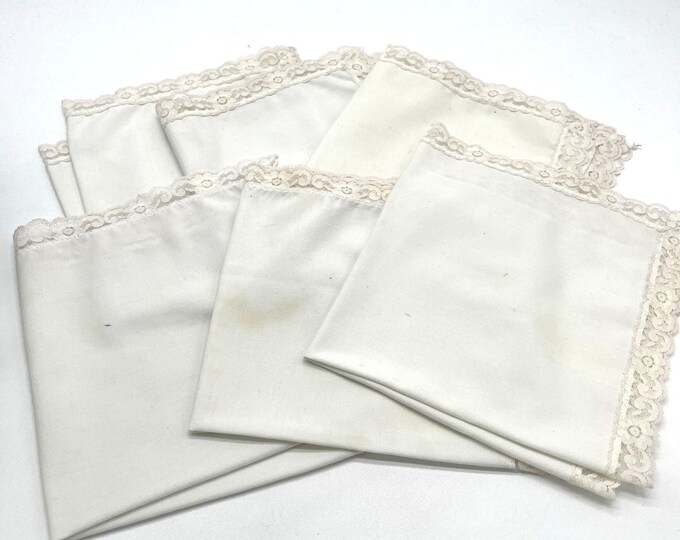 Vintage Ivory Lace Edged Cloth Napkin Set 6 Pink Lace Trim Crochet Edge