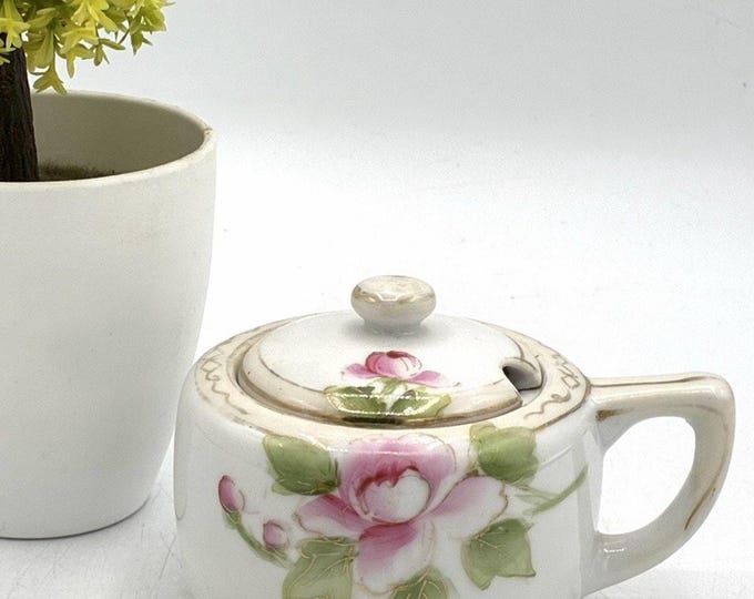 Antique Hand Painted Nippon Covered Sugar Bowl Pink Rose Gold Trim Japan