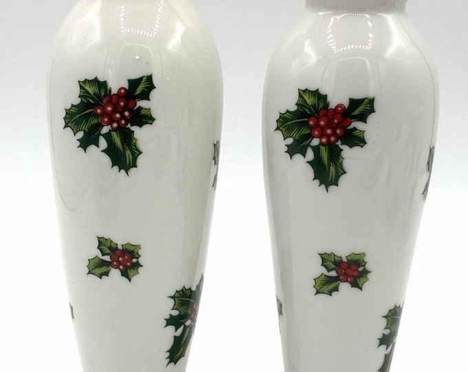 Vintage Lefton Christmas Holly Bud Vases Pair, 8 Inch White Porcelain Japan 7942