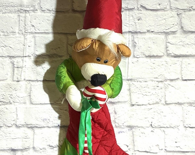 Vintage 28” Nylon Christmas Stocking Bear Candy Cane Parachute Style Holiday