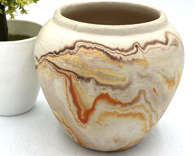 Nemadji Pottery Swirl Marbled Vase Orange Brown Cream Round Bulbous 4 Inch