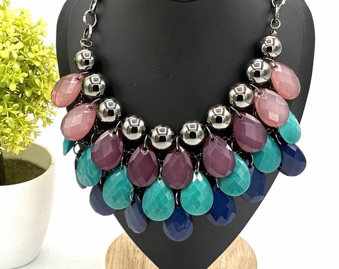 Apt 9 Statement Necklace NOS Colorful Teardrop Bib Pink Aqua Purple Kohl’s
