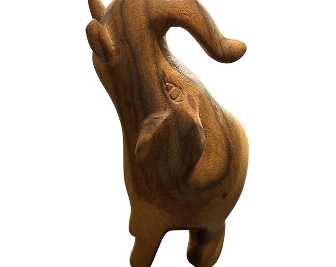 Vintage Hand Carved Wood Elephant Figurine Trunk Up Abstract Style 6"
