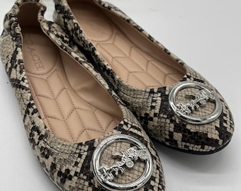 Coach Horse & Carriage Snakeskin Print Flats Brown Round Toe Size 6