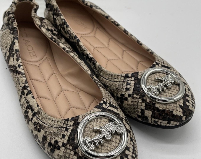 Coach Horse & Carriage Snakeskin Print Flats Brown Round Toe Size 6