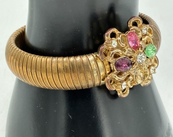 Vintage Gold Tone Tubogas Stretch Coil Bracelet Rhinestone Jeweled Centerpiece