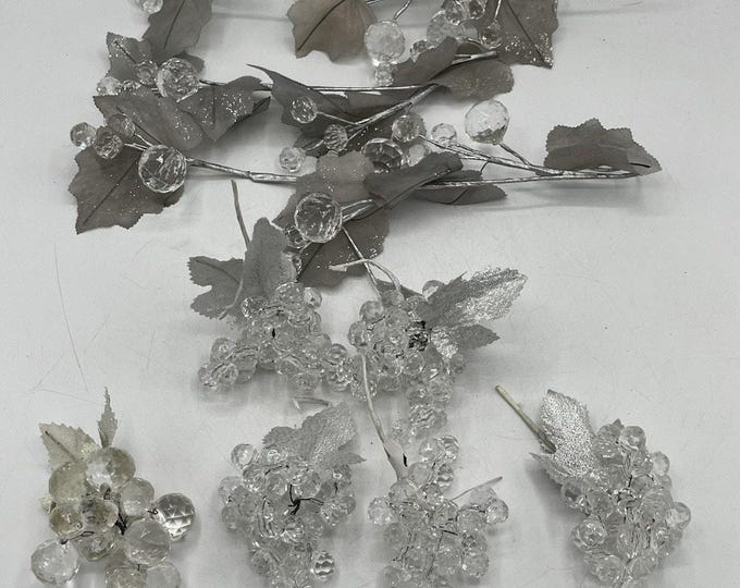 Silver Crystal Holiday Floral Picks Lot Acrylic Grape Clusters Berry Stems