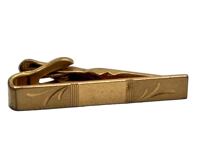 Vintage Swank Gold Tone Tie Clip Signed Engraved Leaf Design Mid Century Modern