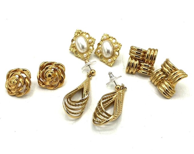 Vintage Gold-Tone Filigree Faux Pearl Ribbed Earring Collection Lot Of 4 Studs
