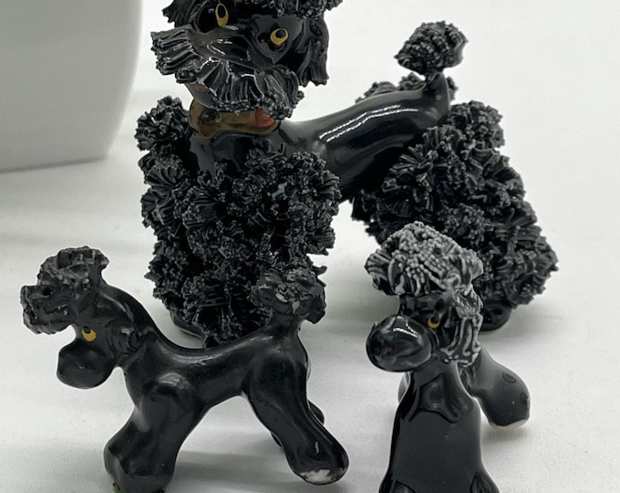 Vintage Black Spaghetti Poodle Mama 2 Puppies Figurine Set MCM Gold Collar