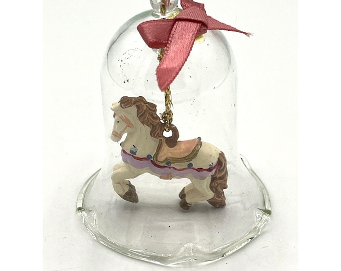 Vintage Glass Bell Ornament with Carousel Horse 3” Pink Ribbon Christmas Decor