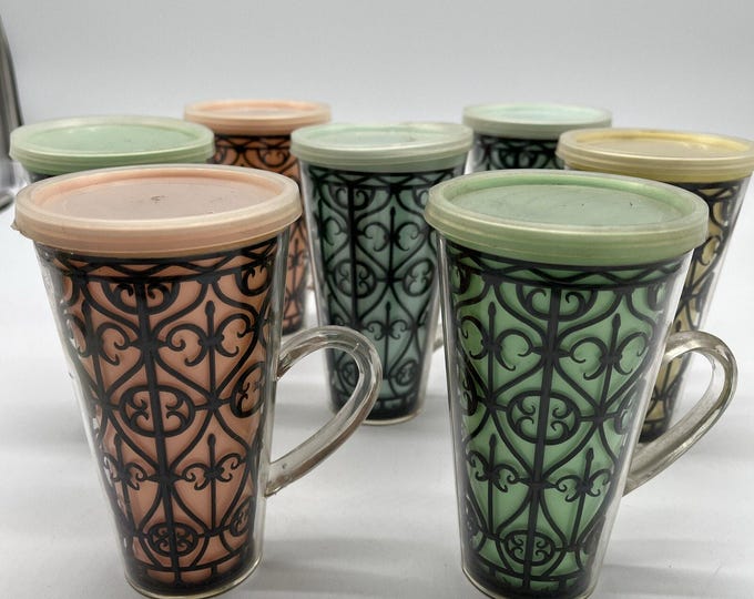 Vintage Mid Century Modern Plastic 7 Tumblers W Handles Black Filagree Cups