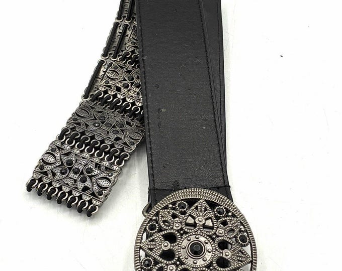 Vintage Style Ornate Silver Tone Black Stone Stretch Statement Waist Belt L/XL