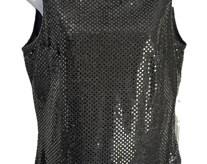 Vintage Jazz Sport Black Sequin Sleeveless Top Women's Medium Disco Party Lined