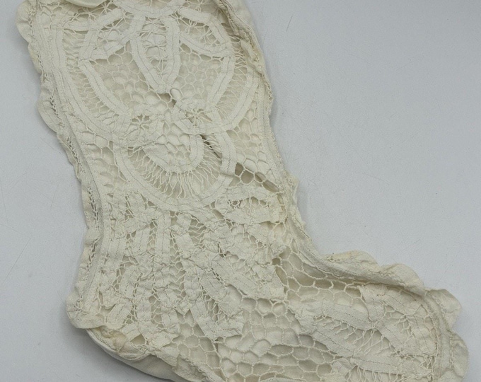 Vintage Ivory Lace Christmas Stocking Handmade Crochet Needle Lace Holiday Decor