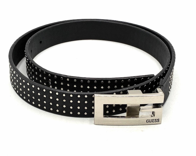 GUESS Black Studded Belt Silver Tone Logo Buckle Size XL