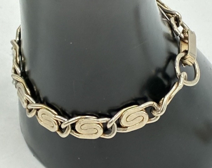 Vintage Two Tone Gold Silver S Link Panel Bracelet 7 Inch Bar Clasp
