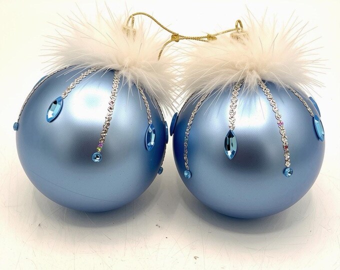 Large Blue Glass Christmas Ornaments Pair Jeweled Glitter Feather Trim 4 Inch