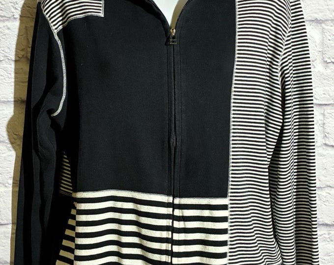 Chico’s Spiaggia Mixed Panel Zip Jacket • Black White Stripe • Size 1