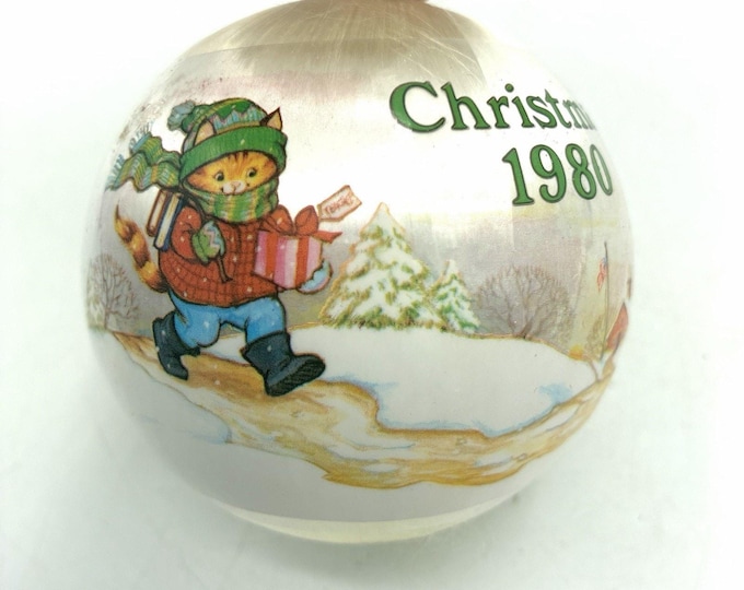 Vintage 1980 Best Teacher Christmas Ornament Silk Ball Cat Classroom Gift